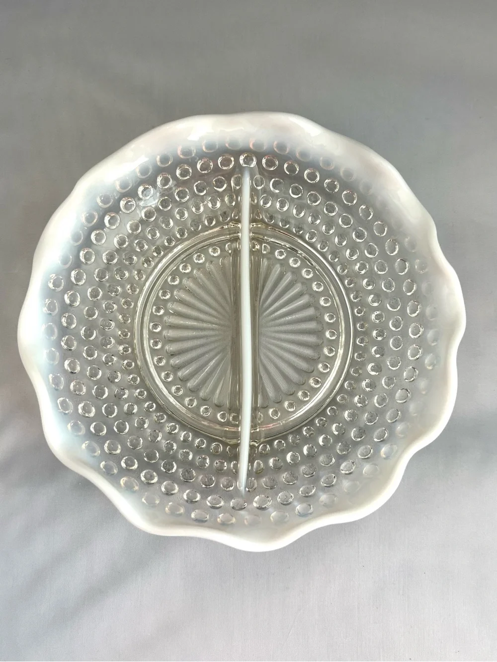 Vintage Anchor Hocking Moonstone Opalescent Hobnail Divided Dish Ruffled Edge